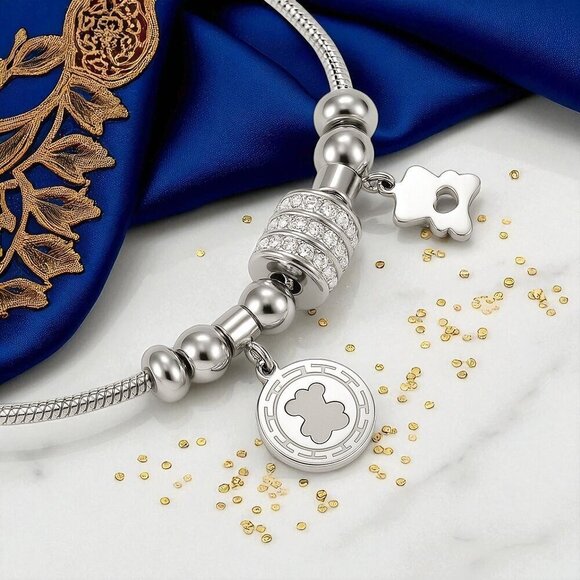 🆕️18K White Gold Plated Bear Charm Bracelet with Rhinestones Beads Trendy Gift - Picture 10 of 12